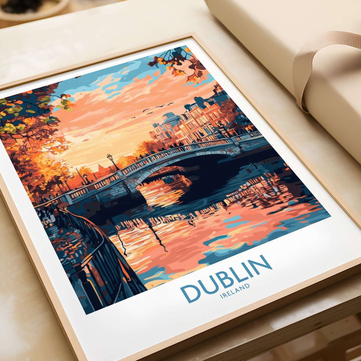 Dublin poster featuring a colorful sunset view of the river and bridge, framed and ready for display.