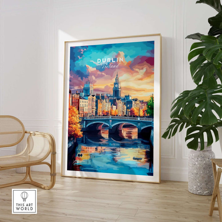 Dublin cityscape art print featuring vibrant colors and a bridge, perfect for home decor.