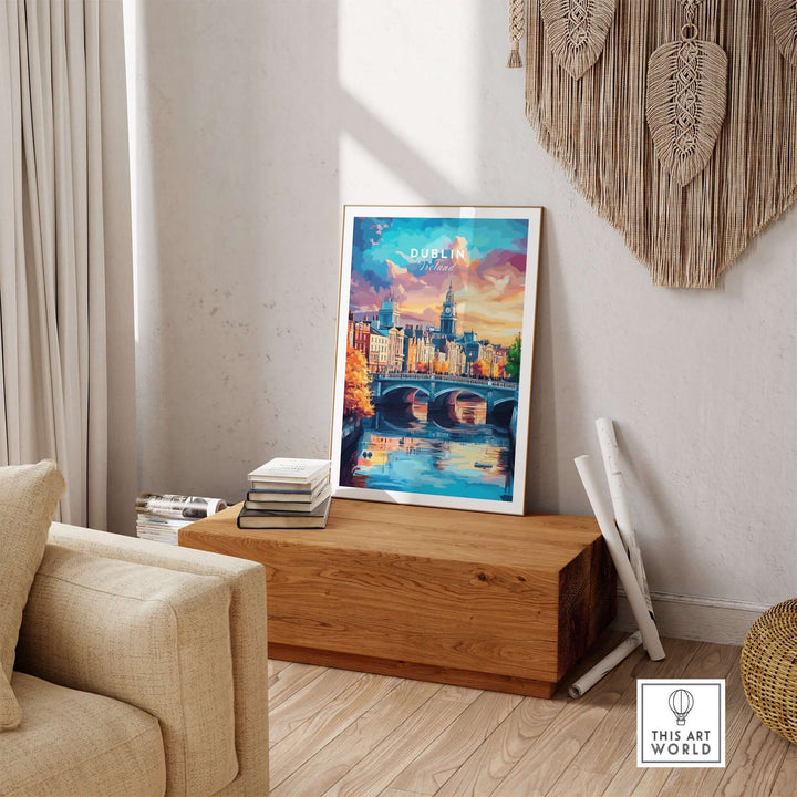 Vibrant Dublin print in a stylish living room setting, showcasing iconic landmarks and a serene river view.