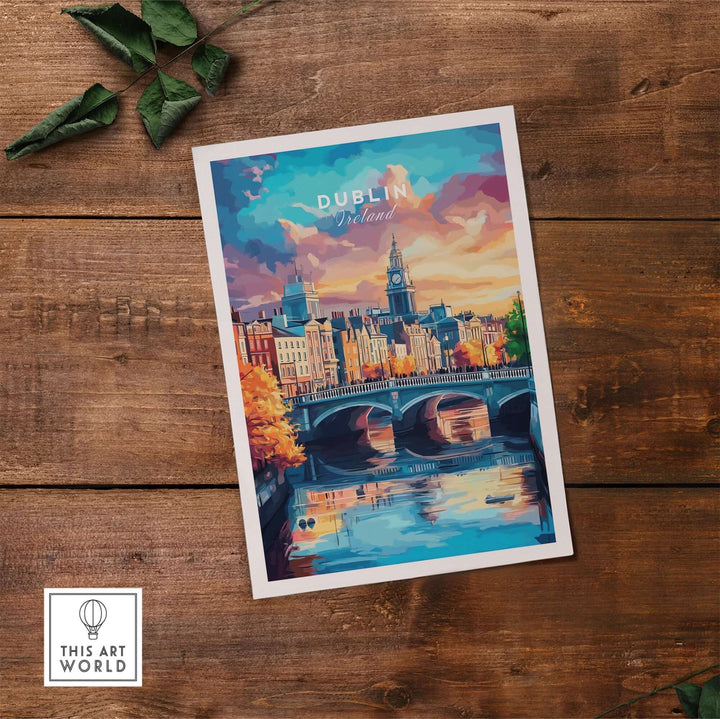 Dublin print artwork showcasing a vibrant skyline and river reflection, perfect for home decor enthusiasts.