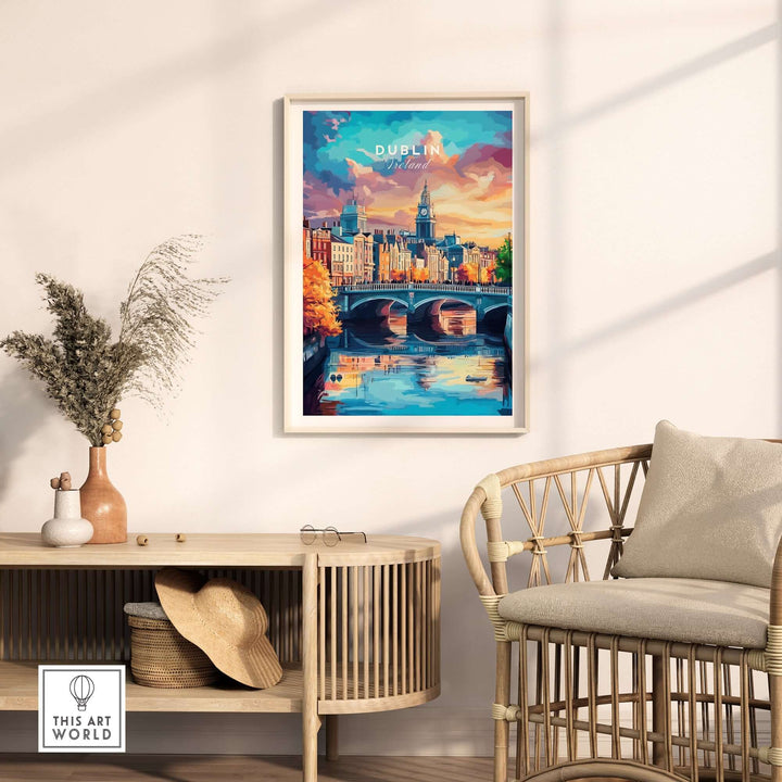 Dublin cityscape print displayed in a stylish home interior with a rattan chair and decorative plants.