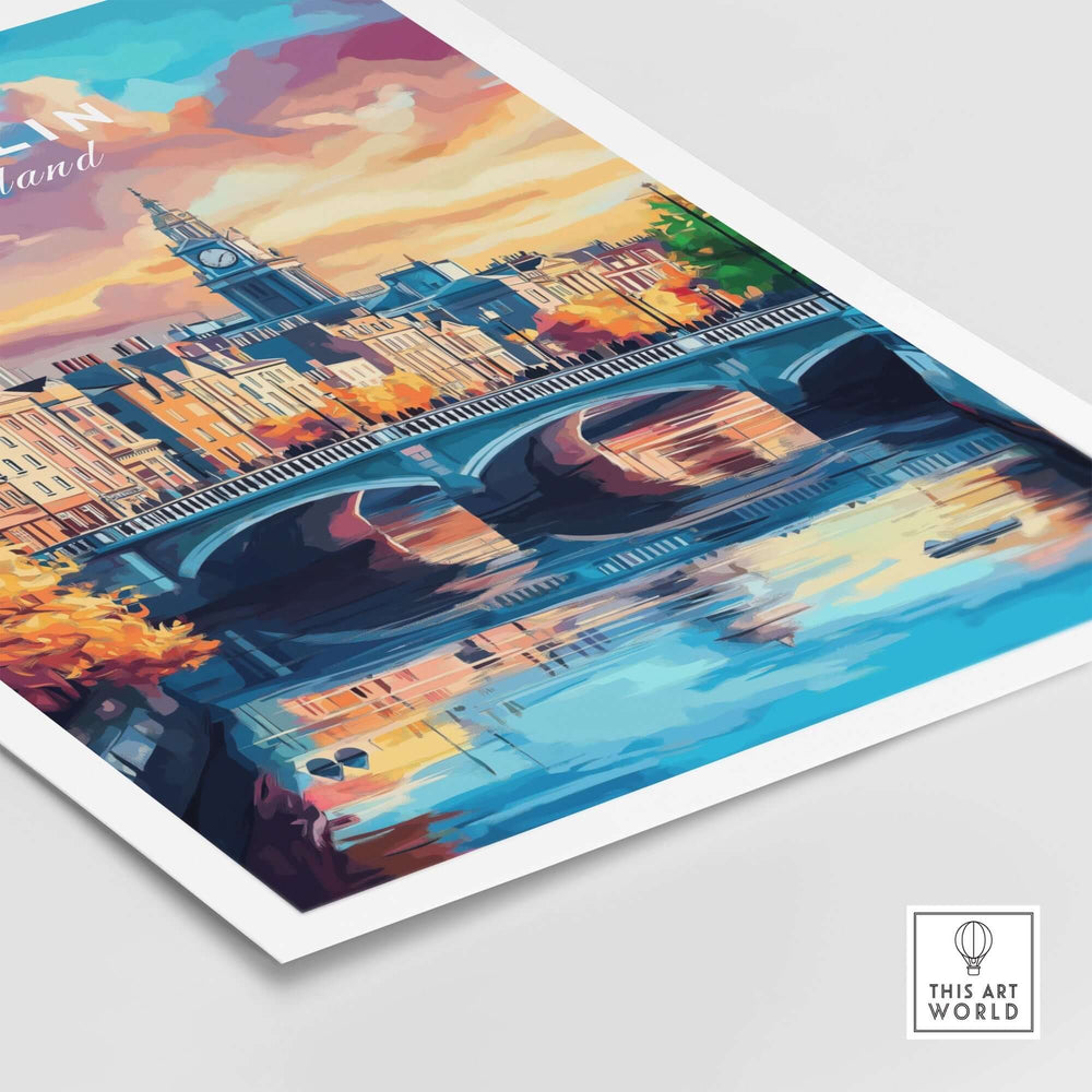 Dublin print showcasing a vibrant cityscape with a bridge and reflections in the water during sunset.