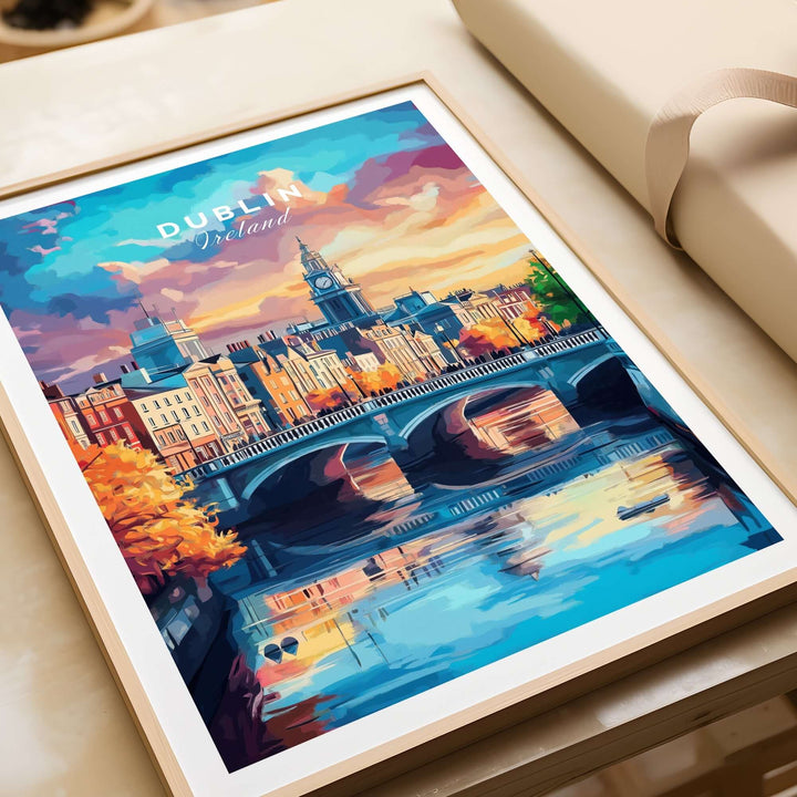 Colorful Dublin print showcasing a scenic view of the river and historic buildings, framed and displayed artistically.