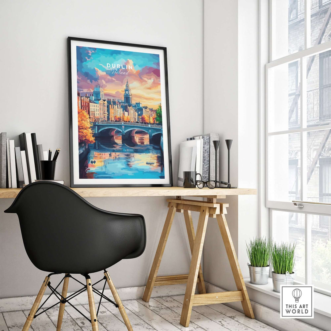 Dublin Print showcasing vibrant cityscape with river and architecture, displayed on a stylish desk in a modern room.