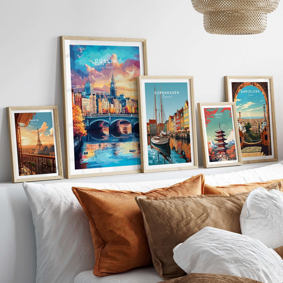 Dublin print displayed among framed city artwork on a stylish wall, enhancing home decor with vibrant colors.