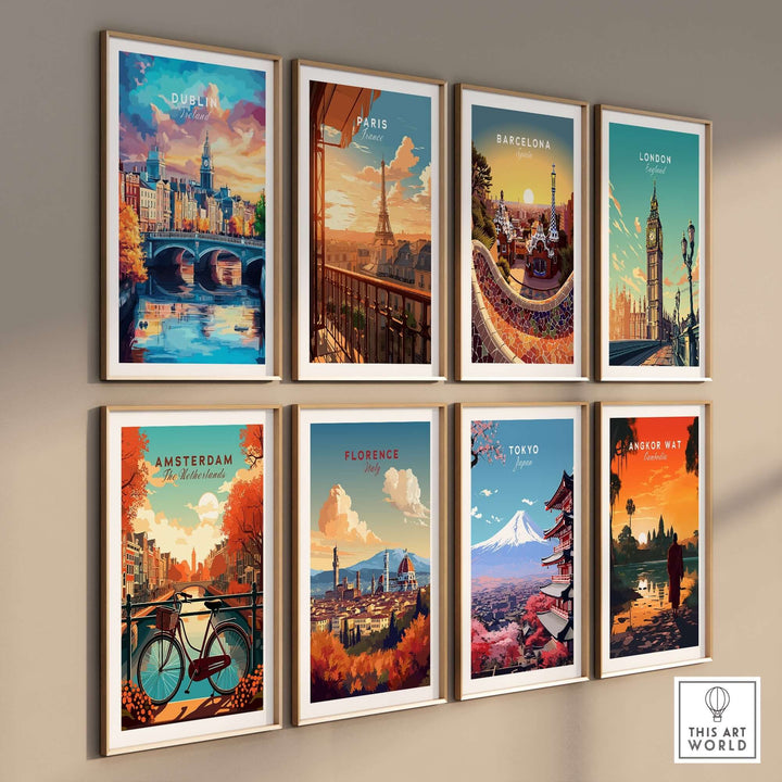 A collection of city-themed prints featuring Dublin, Paris, Barcelona, London, Amsterdam, Florence, Tokyo, and Cambodia.