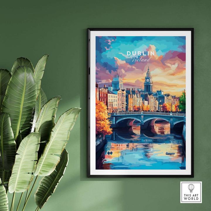 Dublin cityscape print featuring vibrant colors and a picturesque bridge over a serene river. Perfect for home decor.