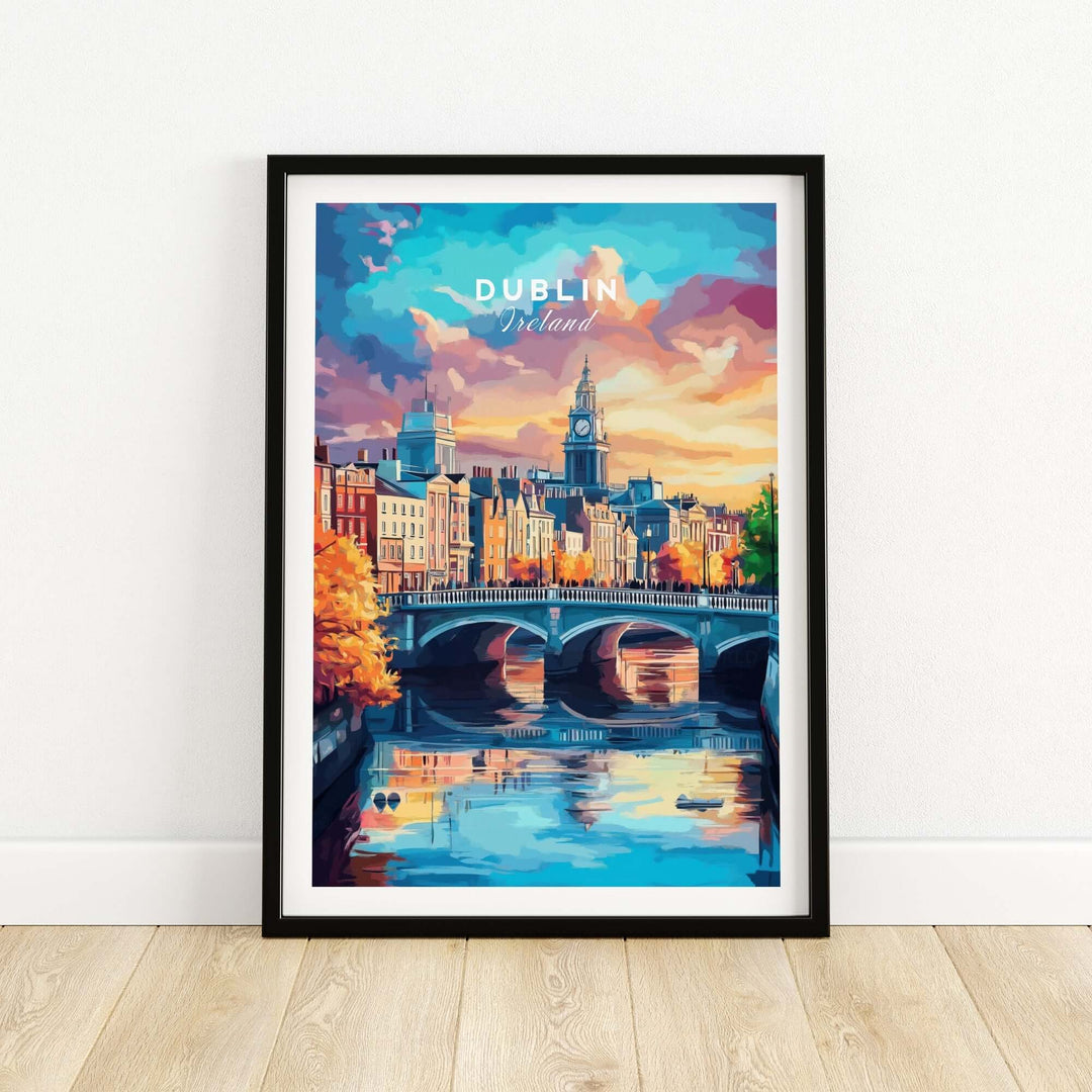 Colorful Dublin print showcasing a scenic view of the river and architecture, framed against a vibrant sunset backdrop.