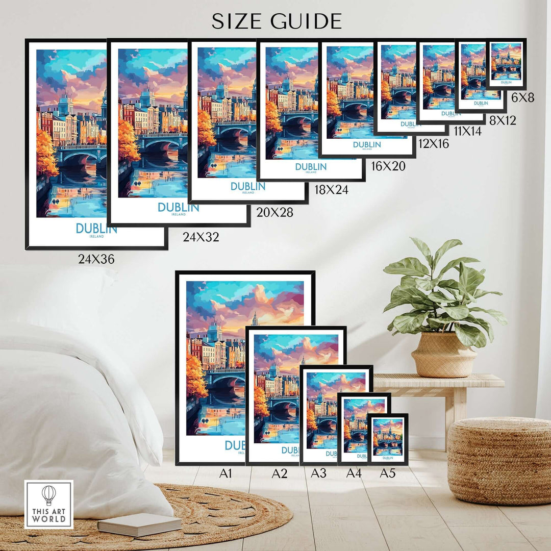 Size guide for Dublin travel posters displayed in various frame sizes, showcasing vibrant cityscape artwork.