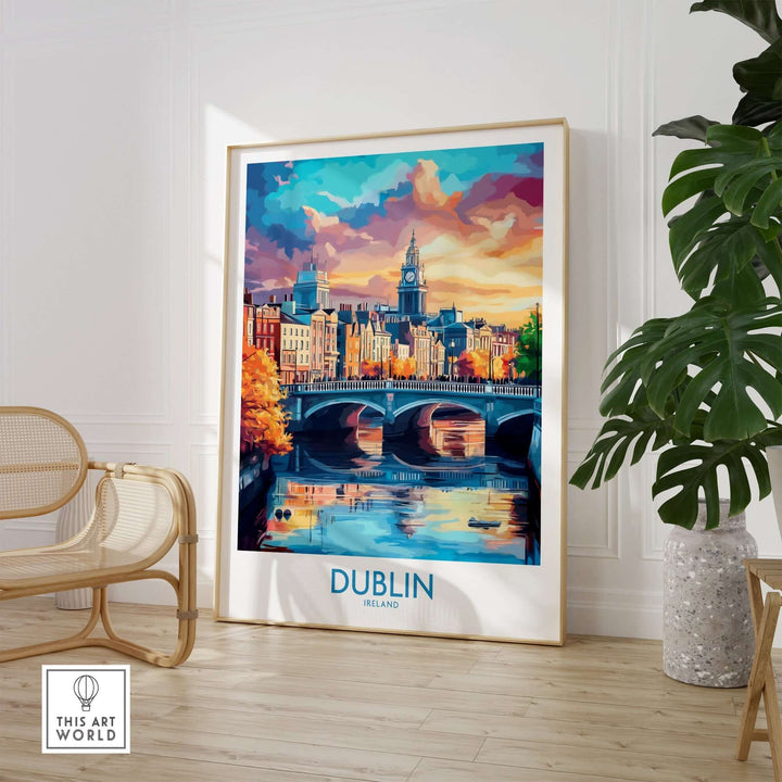 Colorful Dublin travel poster showcasing iconic architecture and a scenic river view, perfect for home decor.