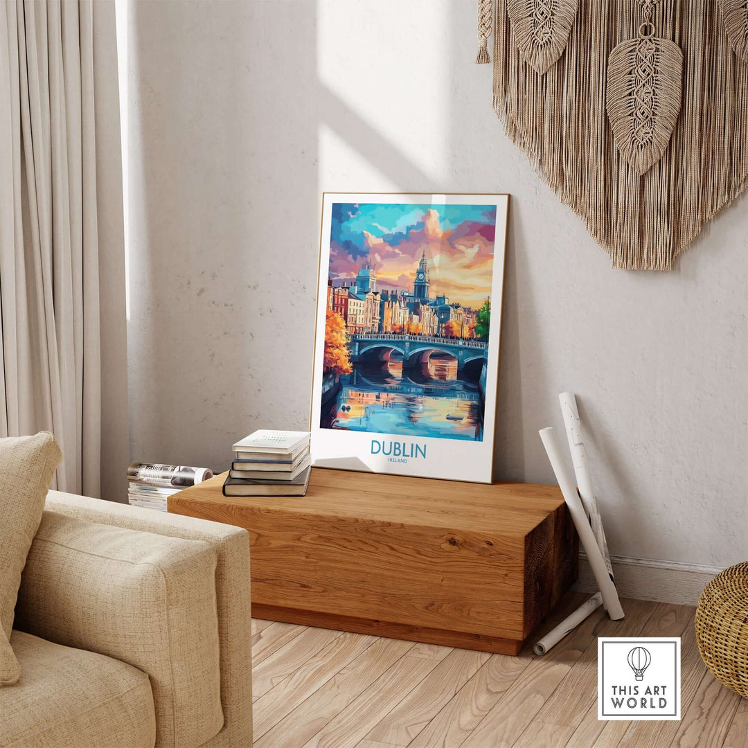 Colorful Dublin travel poster displayed in a cozy living room with wooden decor and warm sunlight.