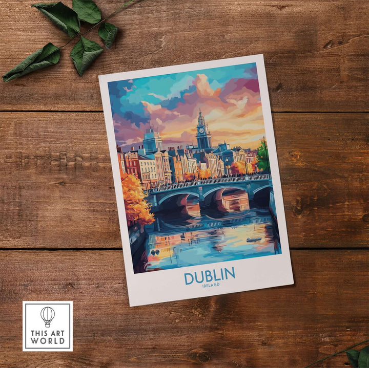 Colorful Dublin travel poster showcasing a scenic view of the city and river, vibrant autumn foliage, and historic architecture.