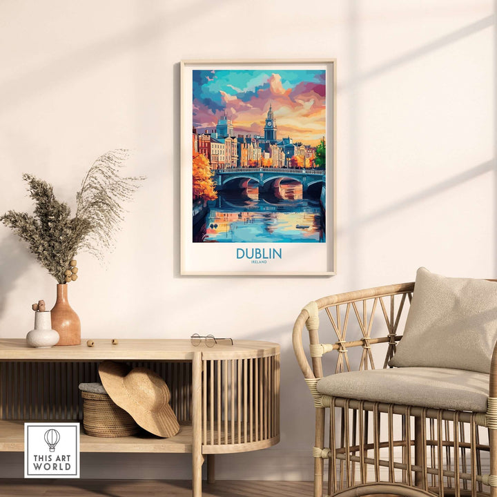 Dublin travel poster featuring a vibrant cityscape with a bridge and colorful buildings in a cozy interior setting.