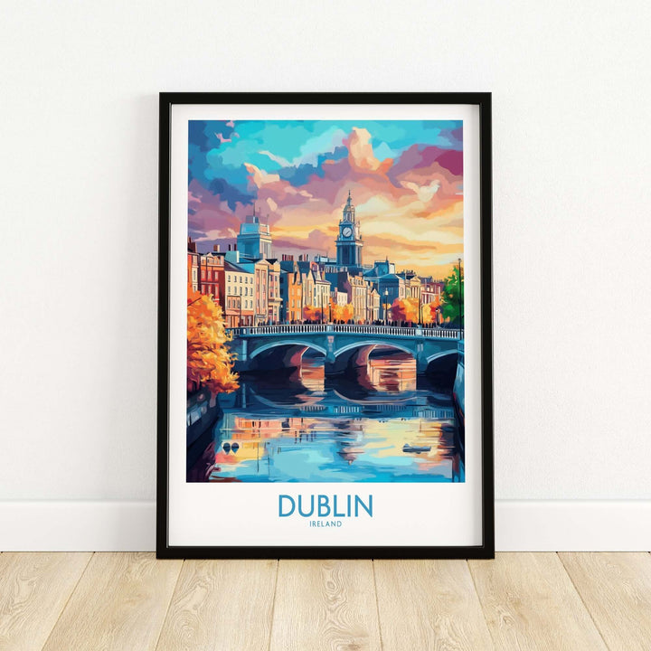 Dublin travel poster featuring a colorful river scene with buildings and a bridge, showcasing Ireland's charm.