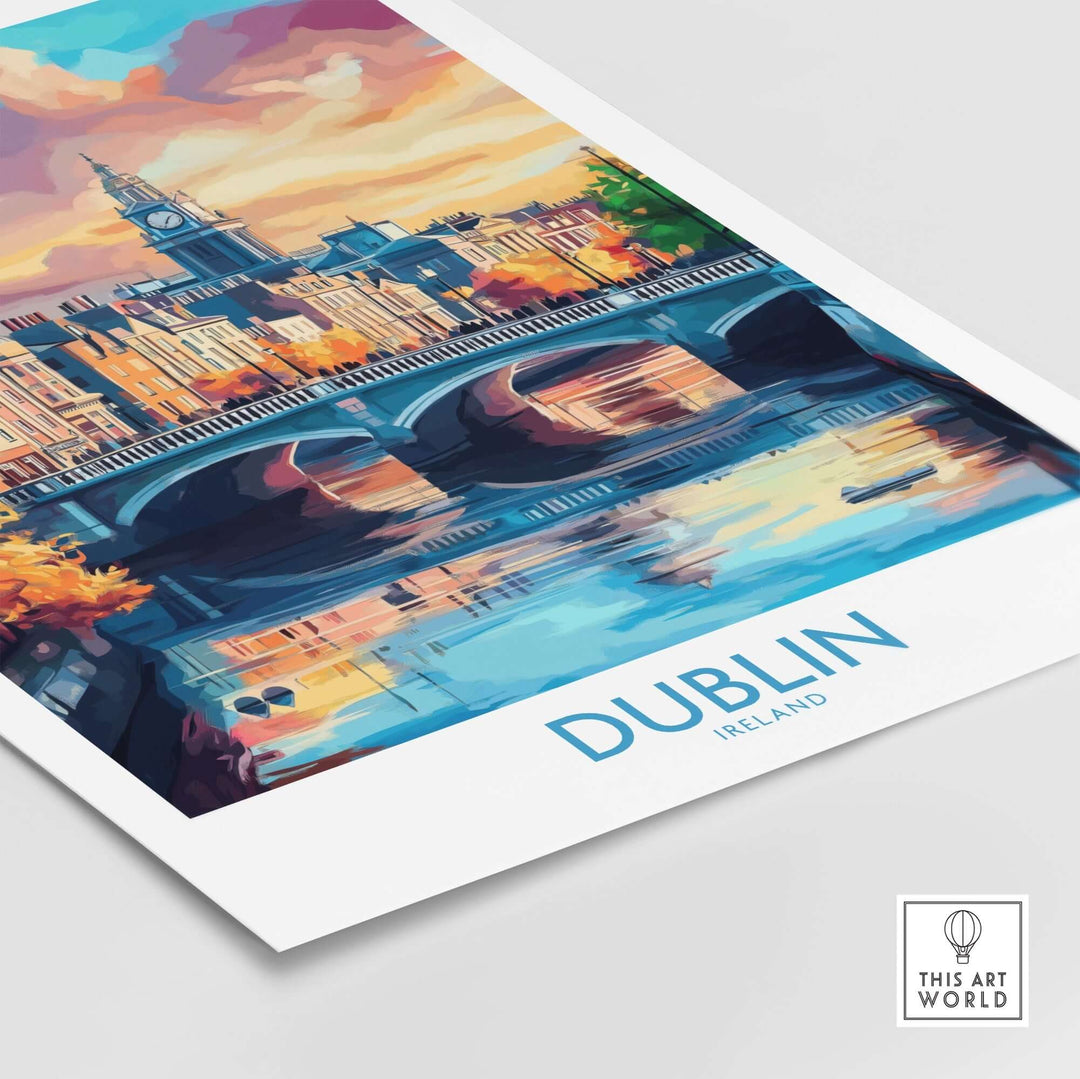 Colorful Dublin travel poster featuring a scenic river view and iconic architecture, highlighting Ireland's beauty.