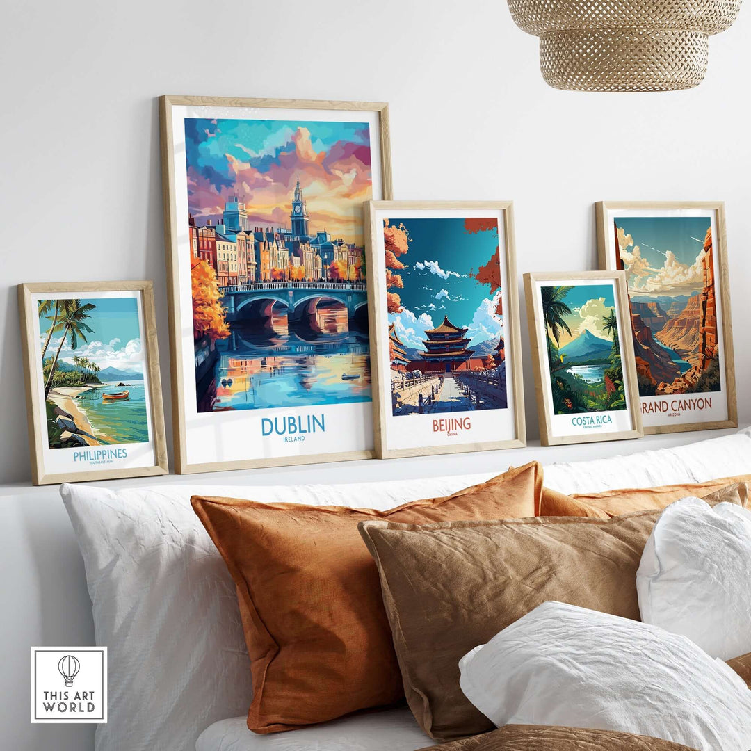 Dublin travel poster displayed among other vibrant travel posters on a stylish couch.