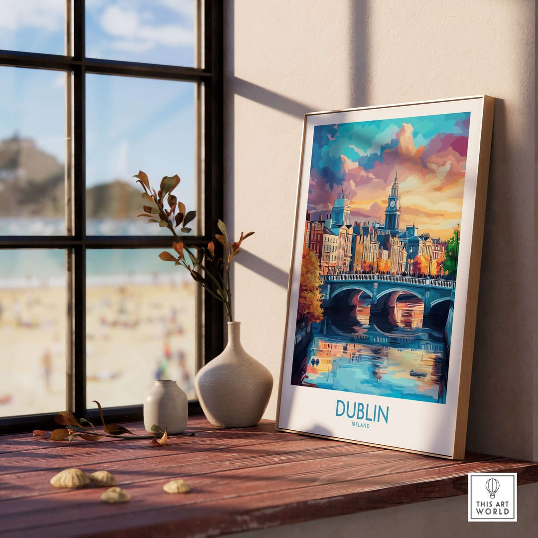 Dublin travel poster featuring a vibrant view of the city by the river, displayed on a stylish wooden shelf.