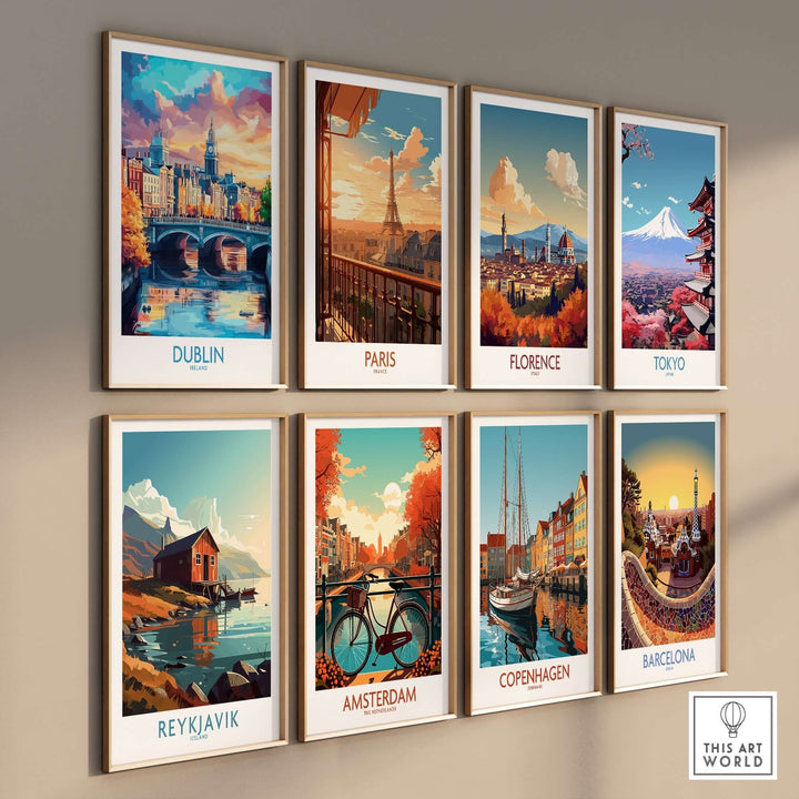 Collection of travel posters featuring Dublin, Paris, Florence, Tokyo, Reykjavik, Amsterdam, Copenhagen, and Barcelona.