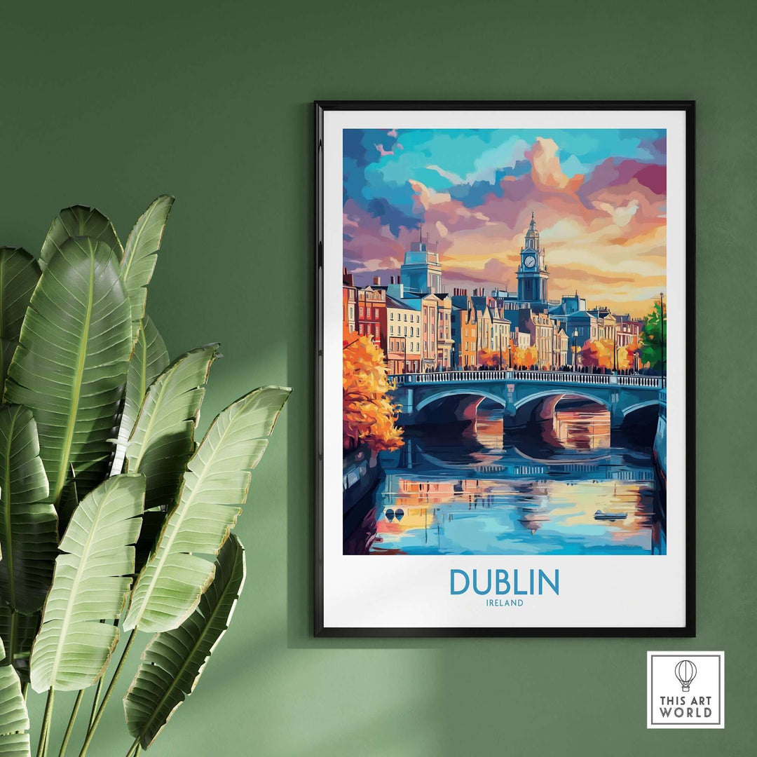 Colorful Dublin travel poster showcasing the city's skyline and river, framed against a green wall.