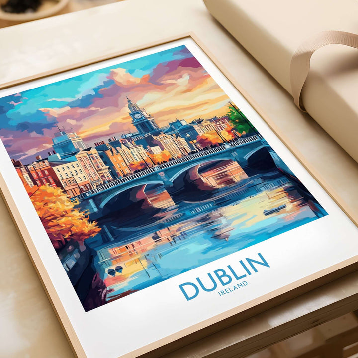 Dublin travel poster showcasing a vibrant cityscape with a bridge and colorful reflections on the water.