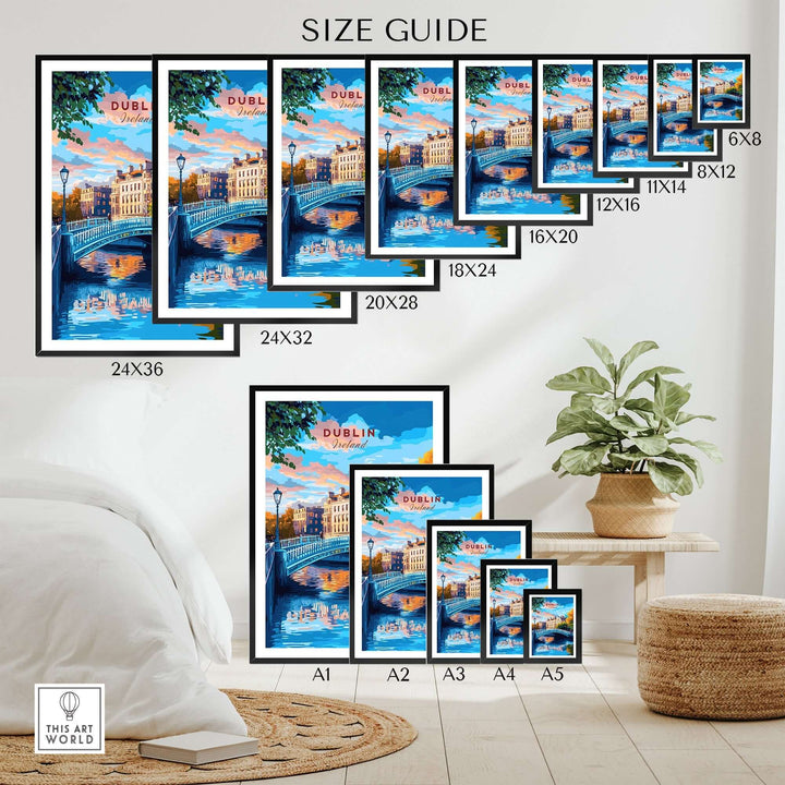 Dublin travel print size guide showcasing various framed options in a stylish living room setting with a cozy interior.