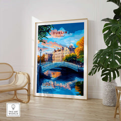Dublin Travel Print showcasing a picturesque bridge and vibrant buildings in Dublin, Ireland.