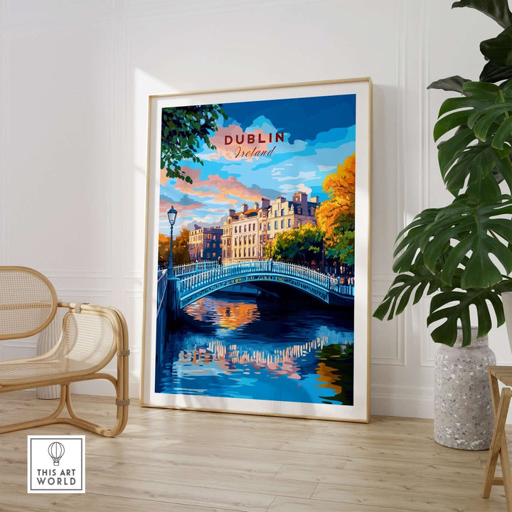 Dublin travel print featuring a scenic view of a bridge and buildings, framed in a stylish interior setting.