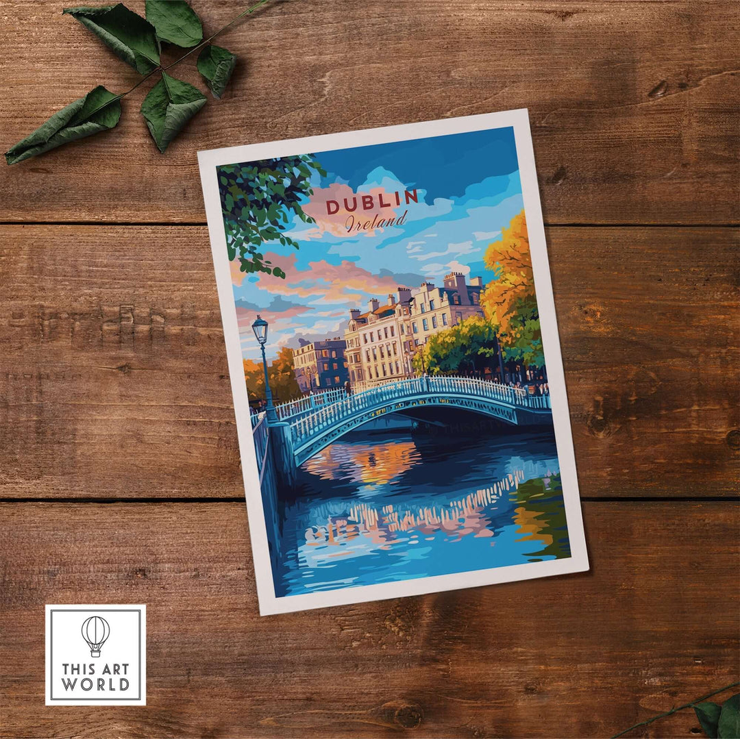 Dublin travel print featuring a scenic bridge surrounded by colorful buildings and reflections in water.