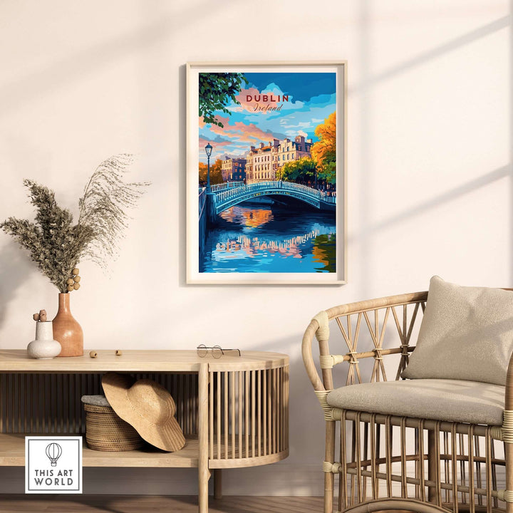 Dublin travel print featuring a scenic canal view, vibrant colors, and decorative bridge in a stylish living room setting.