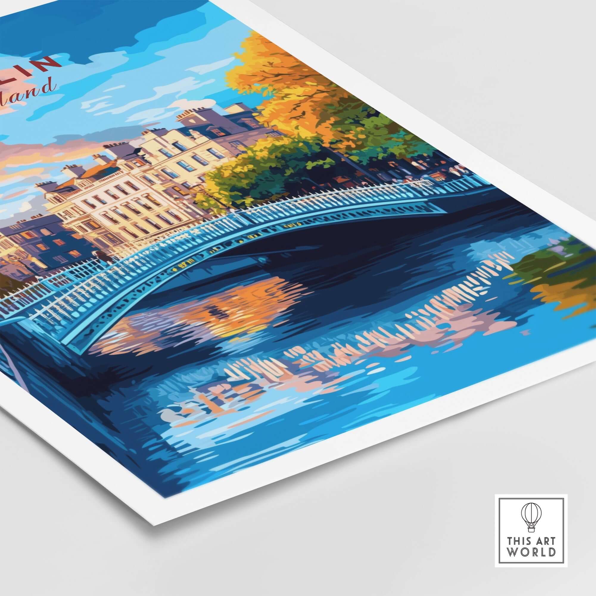 Dublin Travel Print showcasing a beautiful landscape with a bridge over a river and colorful buildings in Dublin.