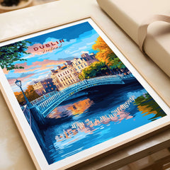 Dublin Travel Print featuring a vibrant depiction of Dublin's iconic bridge and colorful reflections on the water.