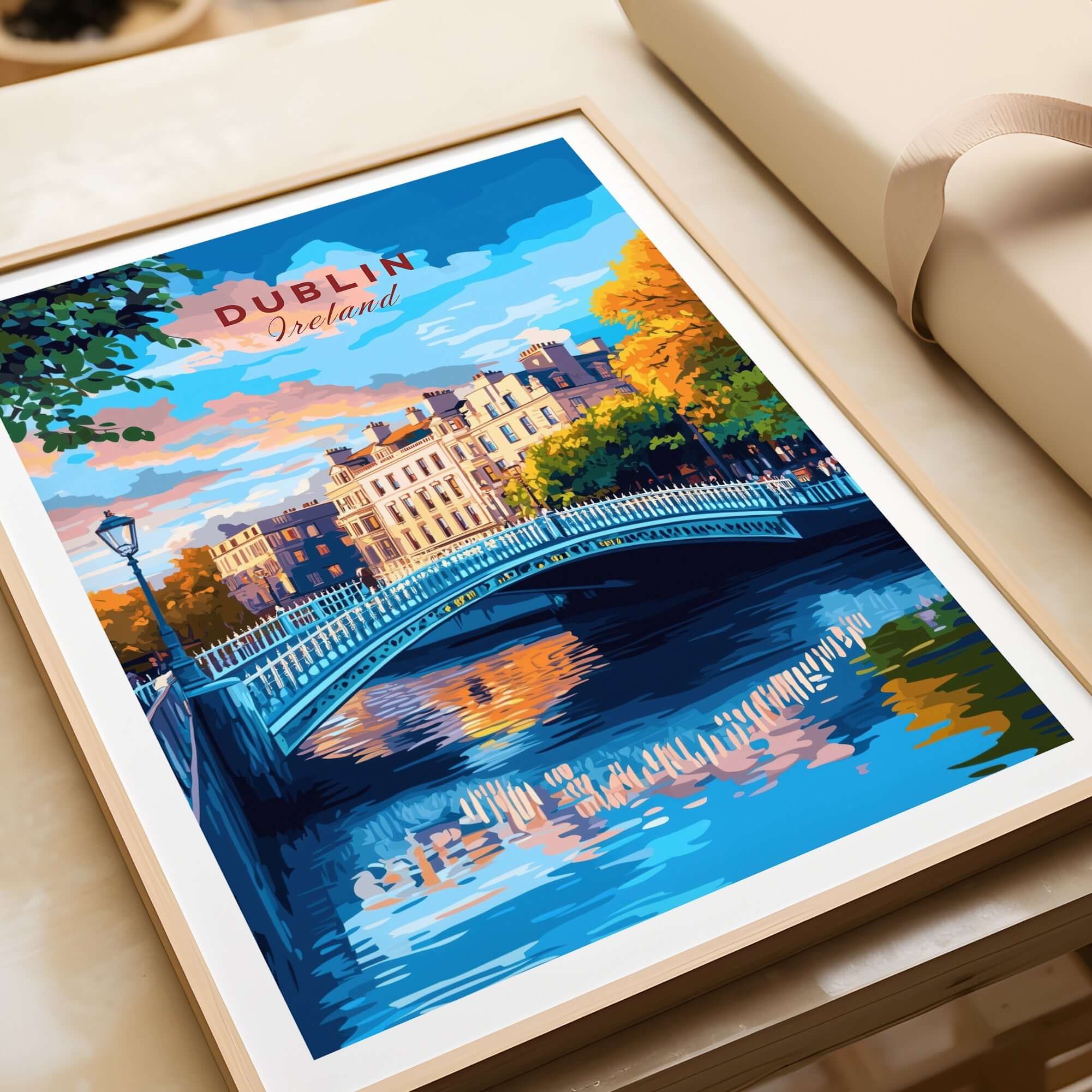 Dublin Travel Print featuring a vibrant depiction of Dublin's iconic bridge and colorful reflections on the water.