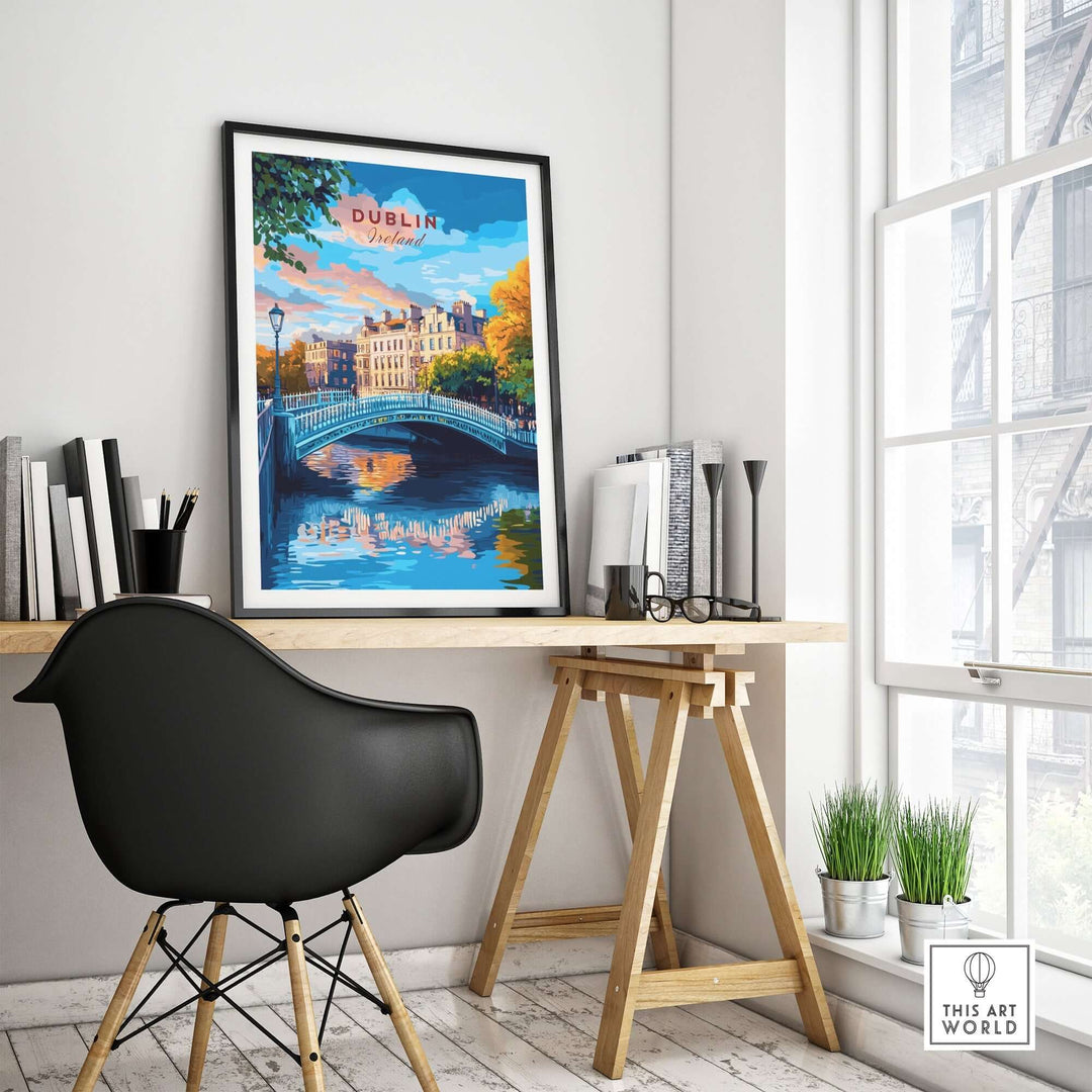 Dublin travel print displayed in a bright, modern workspace with a black chair and natural light.