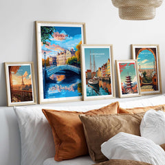 Dublin Travel Print displayed among other travel prints on a cozy couch, highlighting cityscapes and destinations.