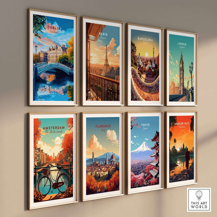 A collection of vibrant travel prints showcasing iconic cities like Dublin, Paris, and Tokyo, elegantly framed on a wall.