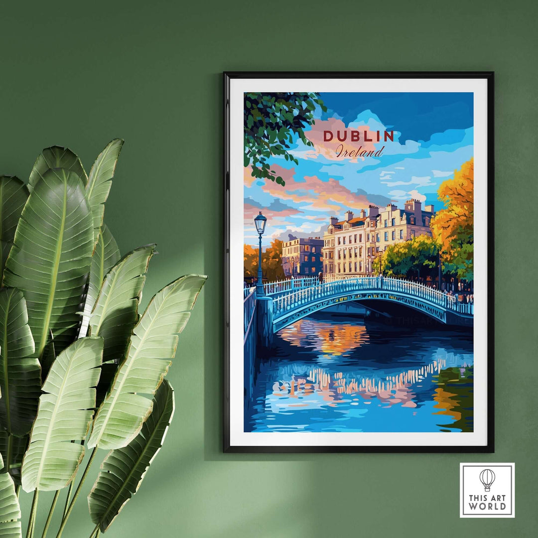 Dublin travel print featuring a picturesque bridge and colorful buildings along the river, framed and displayed with plants.