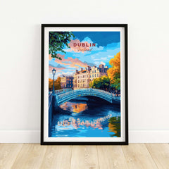 Dublin Travel Print featuring a picturesque bridge over a river in Dublin, Ireland, showcasing vibrant colors and charm.