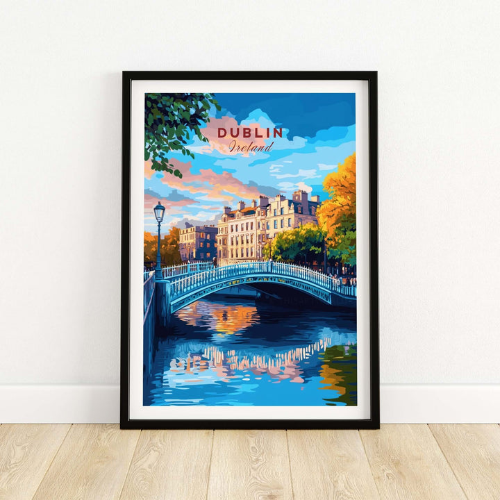 Dublin travel print featuring a scenic bridge and vibrant cityscape with reflections in the water. Ideal for art lovers.