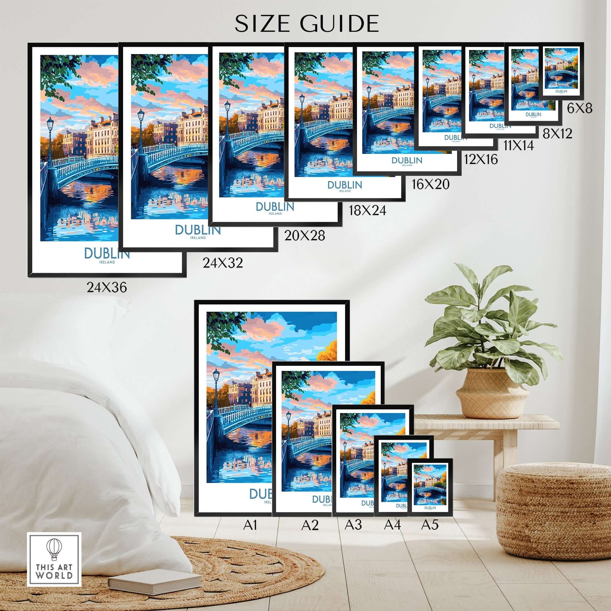 Dublin Wall Art size guide showcasing various frame sizes and dimensions for a vibrant Dublin artwork.