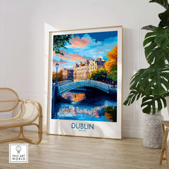 Dublin Wall Art showcasing a vibrant scene of a bridge in Dublin, Ireland with colorful skies and rich details.