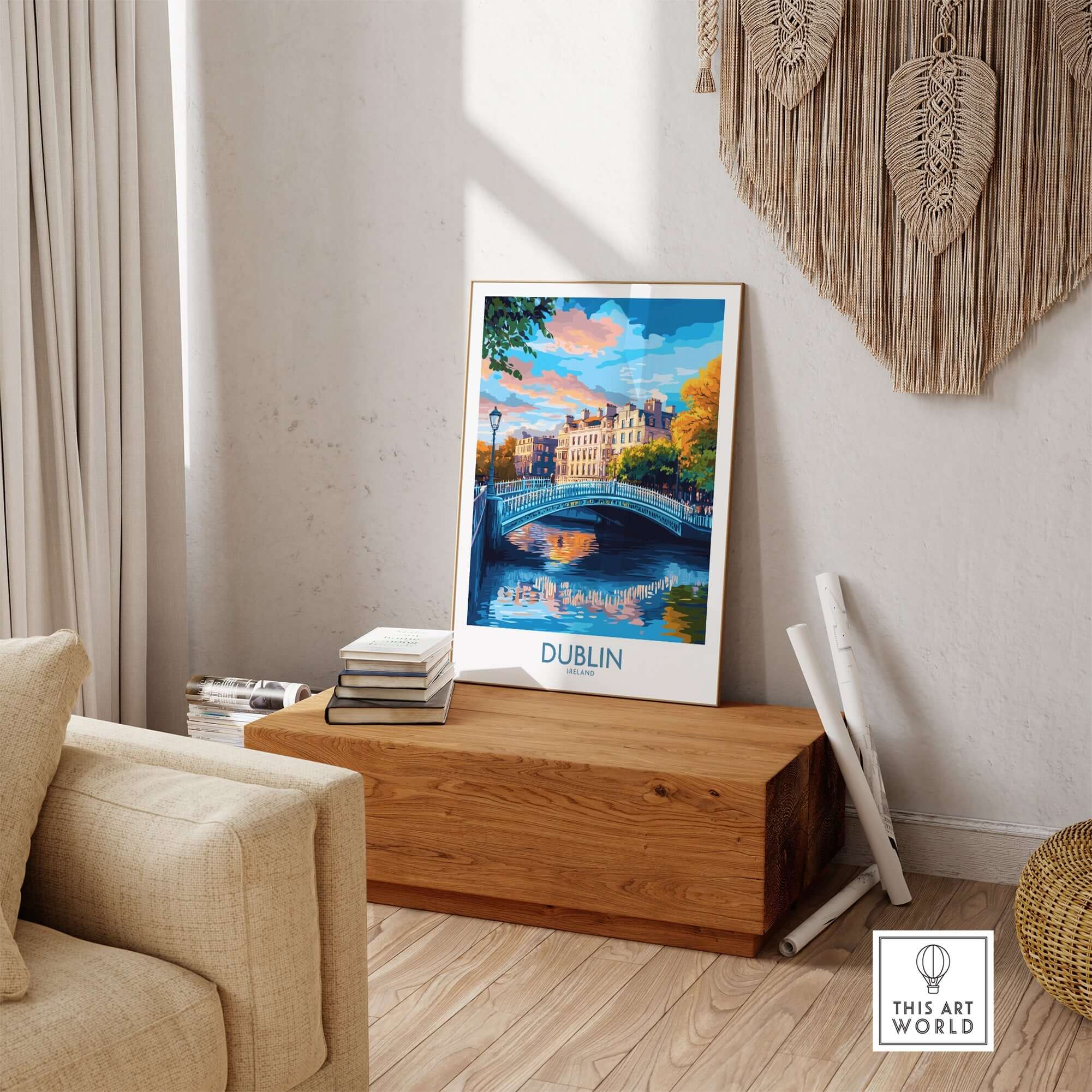 Dublin Wall Art showcasing a picturesque scene of a bridge over a river with vibrant colors and intricate details.