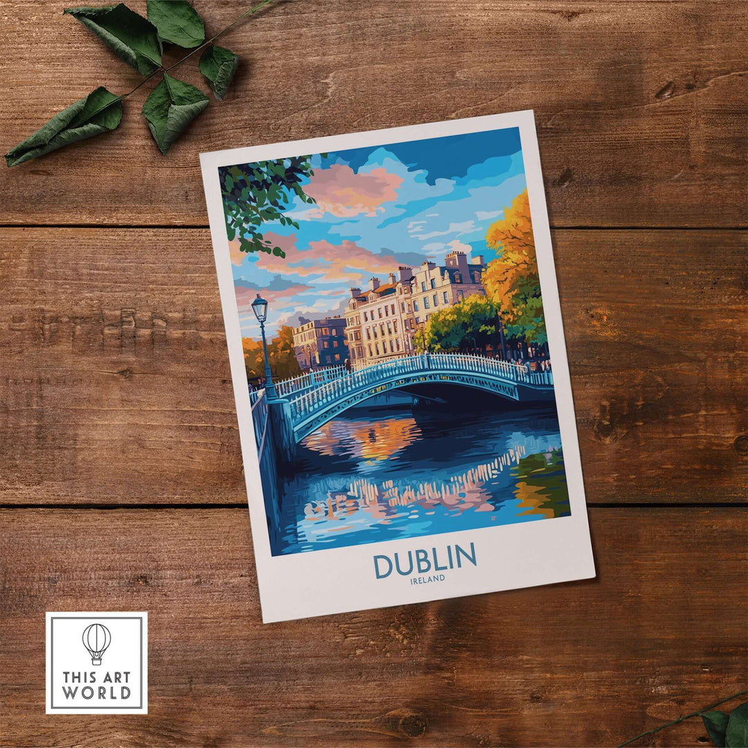 Colorful Dublin wall art featuring a bridge and buildings, showcasing the beauty of Ireland's capital city.