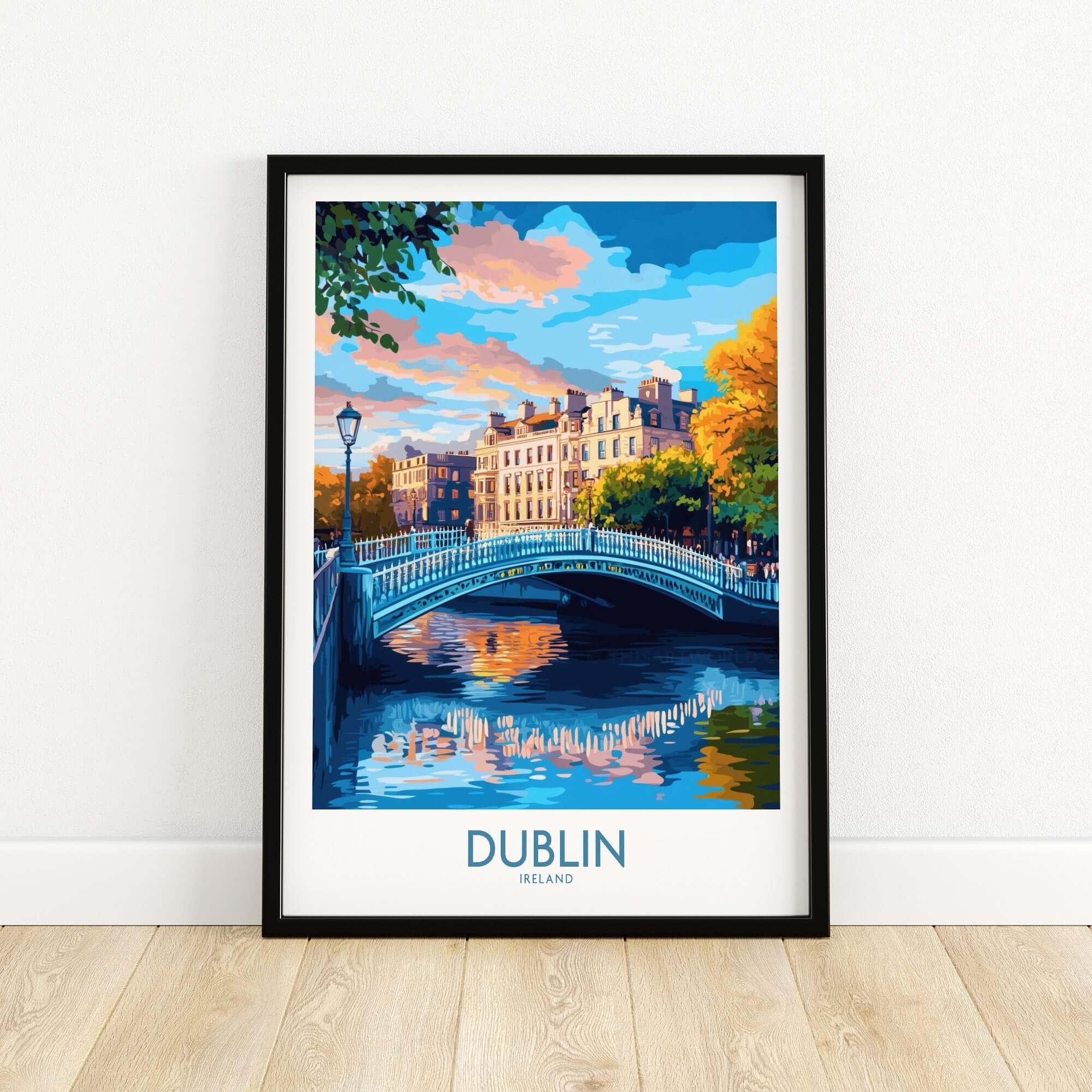 Dublin Wall Art depicting a vibrant bridge scene in Dublin, Ireland with colorful reflections in the water.