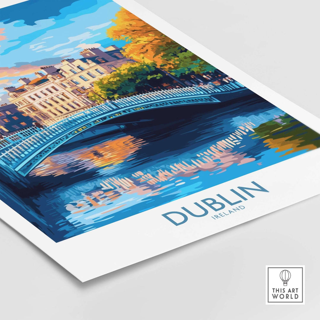 Colorful Dublin wall art featuring a bridge reflecting on water, showcasing Ireland's vibrant landscape and architecture.