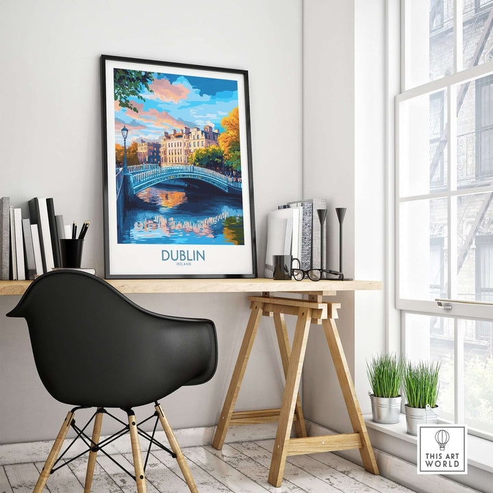 Framed Dublin wall art in a stylish home office setting with a modern chair and plants by the window.