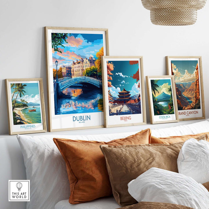 Dublin wall art displayed among vibrant global landscape prints on a modern couch setup.