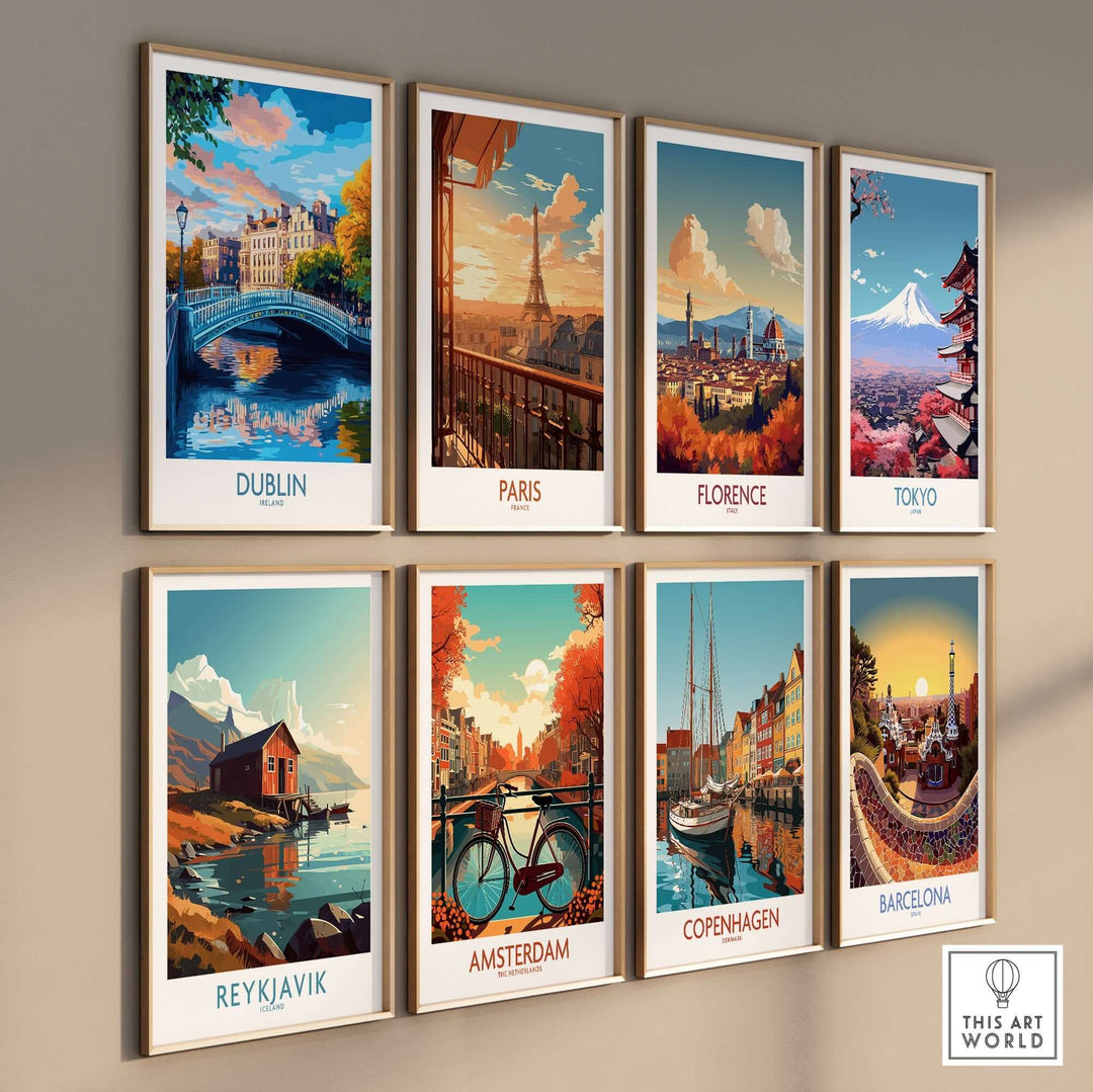 Dublin wall art collage featuring iconic cityscapes from Dublin, Paris, Florence, Tokyo, Reykjavik, Amsterdam, Copenhagen, and Barcelona.