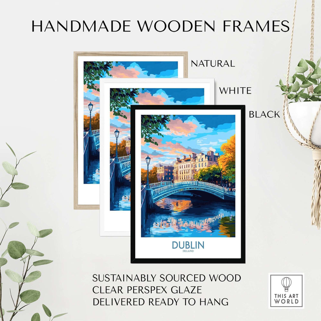 Handmade wooden frames in natural, white, and black for Dublin wall art, featuring sustainably sourced wood and clear perspex glaze.