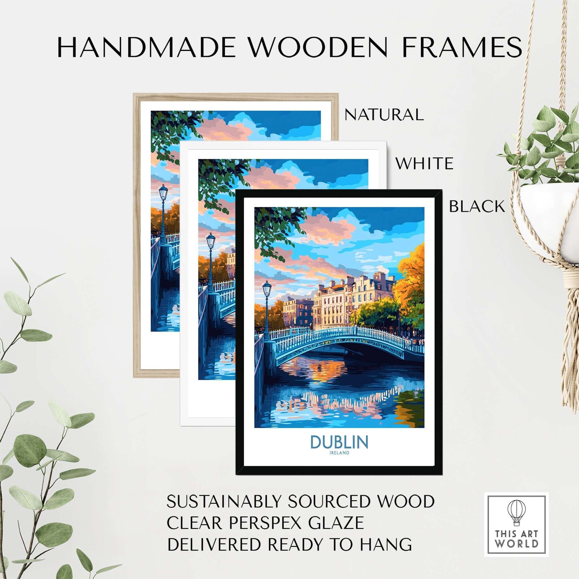 Dublin Wall Art displayed in handmade wooden frames, featuring natural, white, and black options.