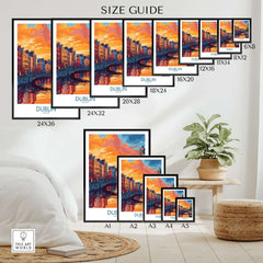 Dublin Wall Art Poster at Sunset size guide featuring various frame sizes and vibrant sunset colors.